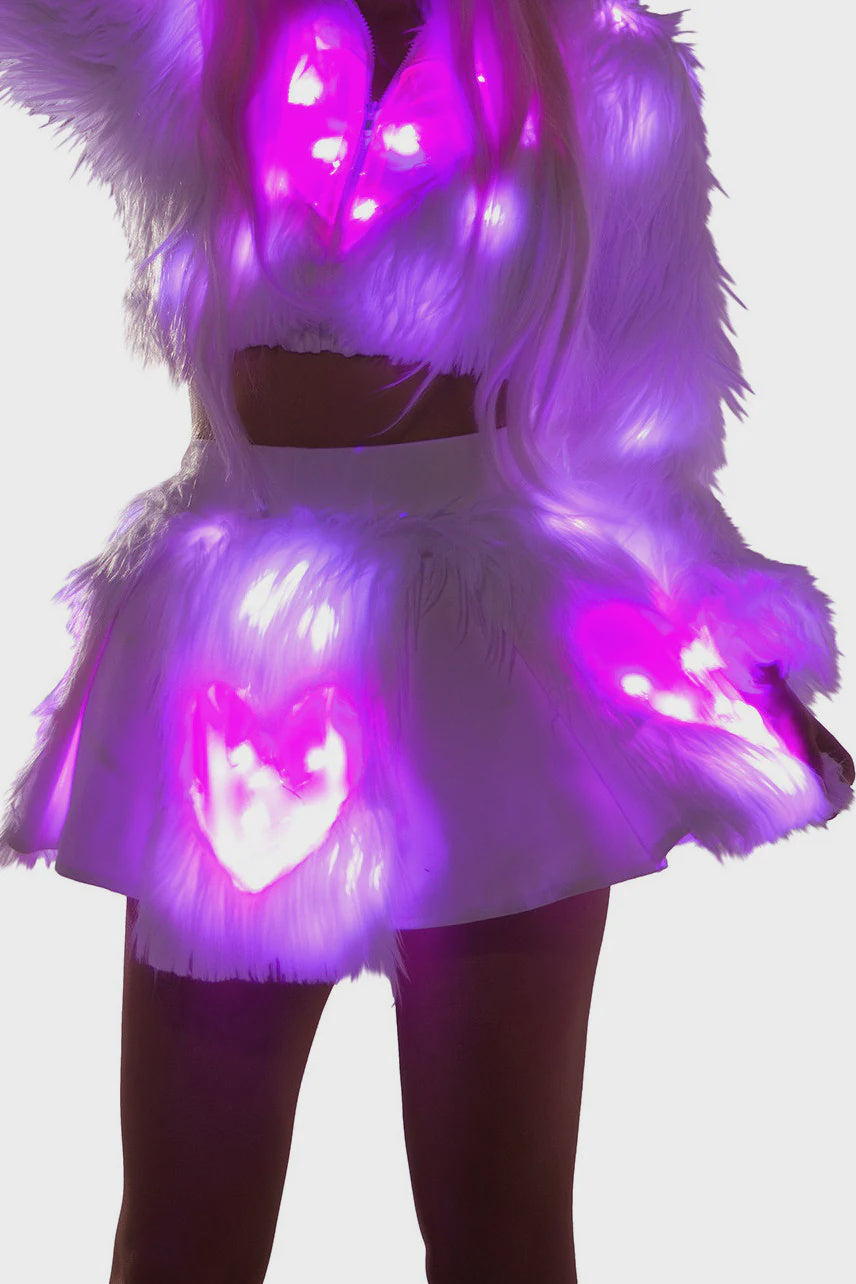 RB301 - LIGHT-UP PINK HEART WHITE SHAG SKIRT