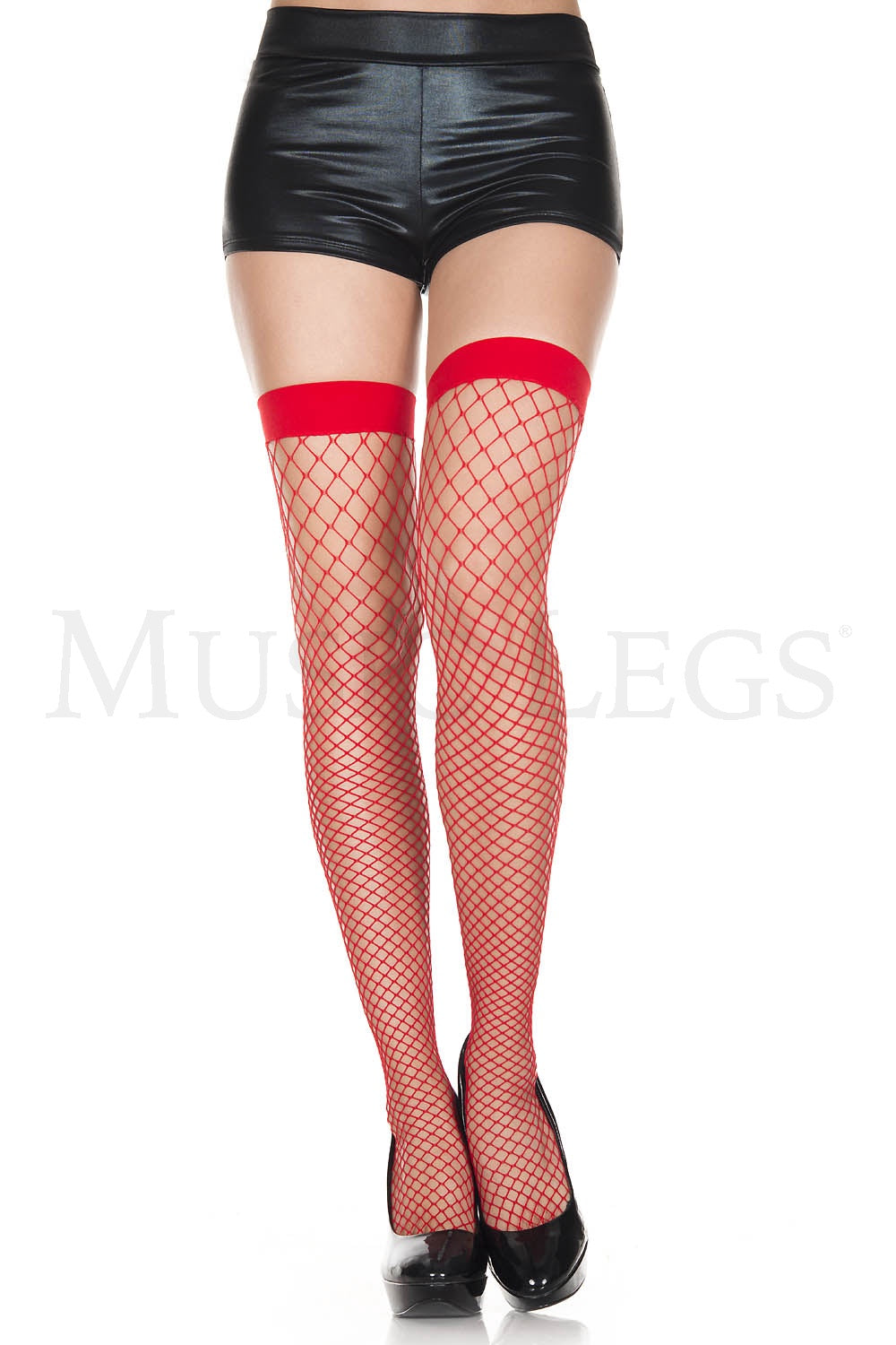 4930 These spandex thigh highs feature a diamond net design and solid band top