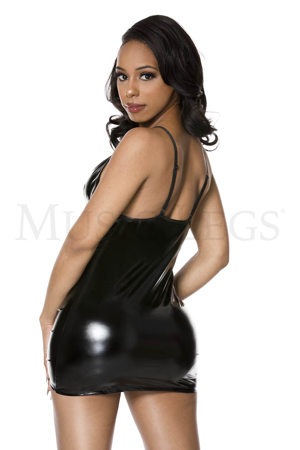 60107 Latex mini dress with adjustable spaghetti straps and lace up ribbon details