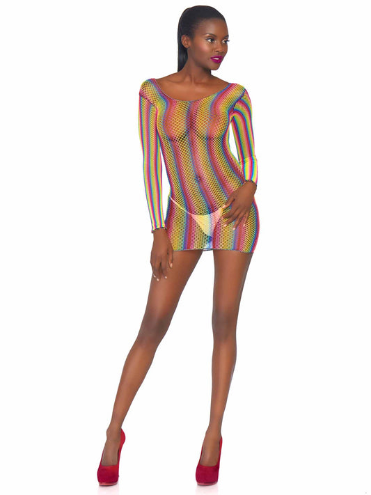 86795 Rainbow fishnet long sleeved mini dress