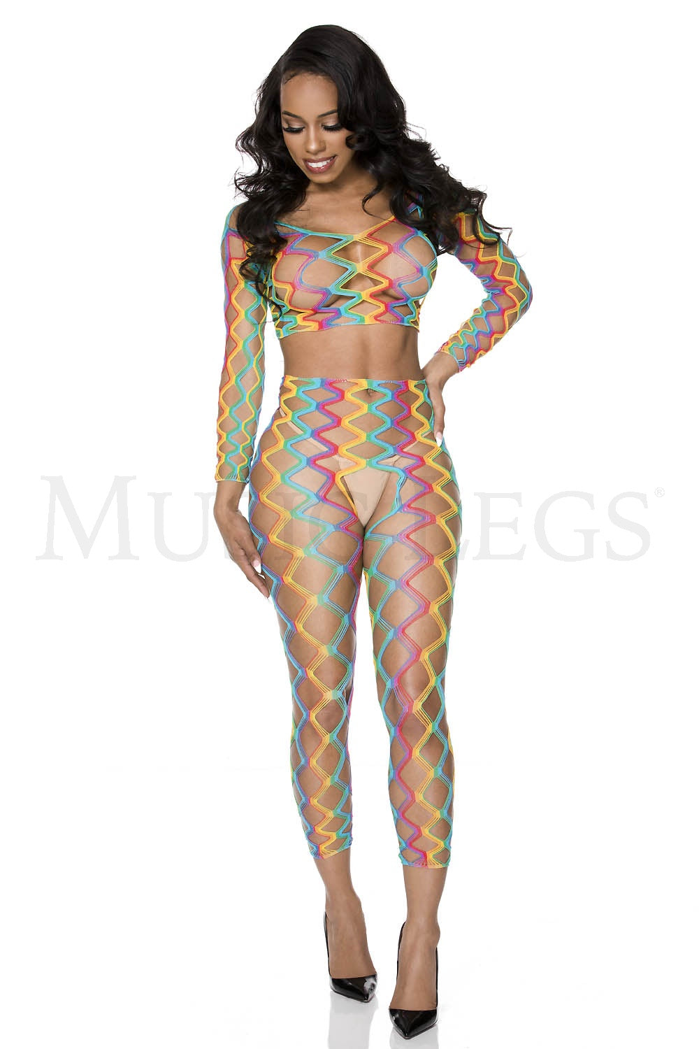 9310 Rainbow quarter sleeve crop top with scoop neck and matching high waist crotchless footless tights