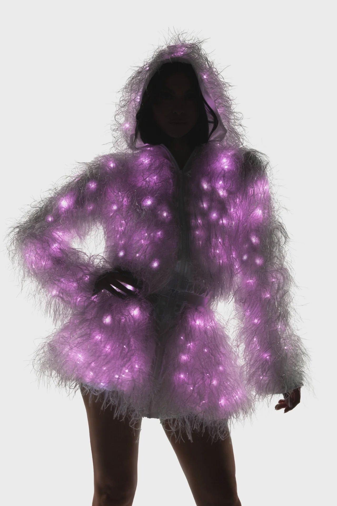 FE298 - LIGHT-UP LUREX SHAG HOODED CROPPED JACKET