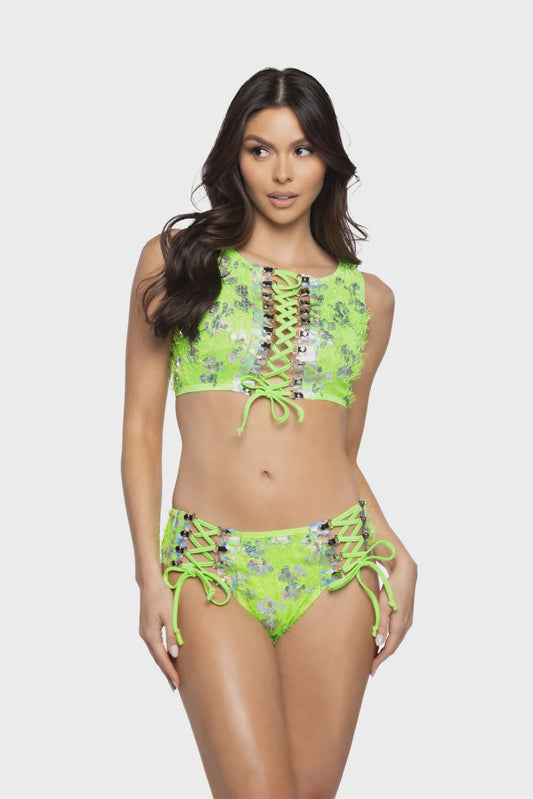 JR143 - EYELASH SEQUIN & PRISM LACE-UP TOP