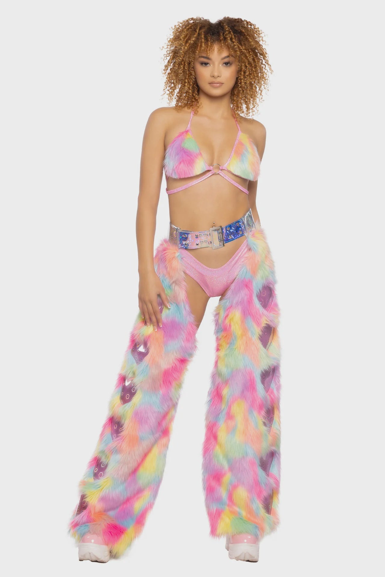 JR147 - FAUX FUR RAINBOW HEART CHAPS
